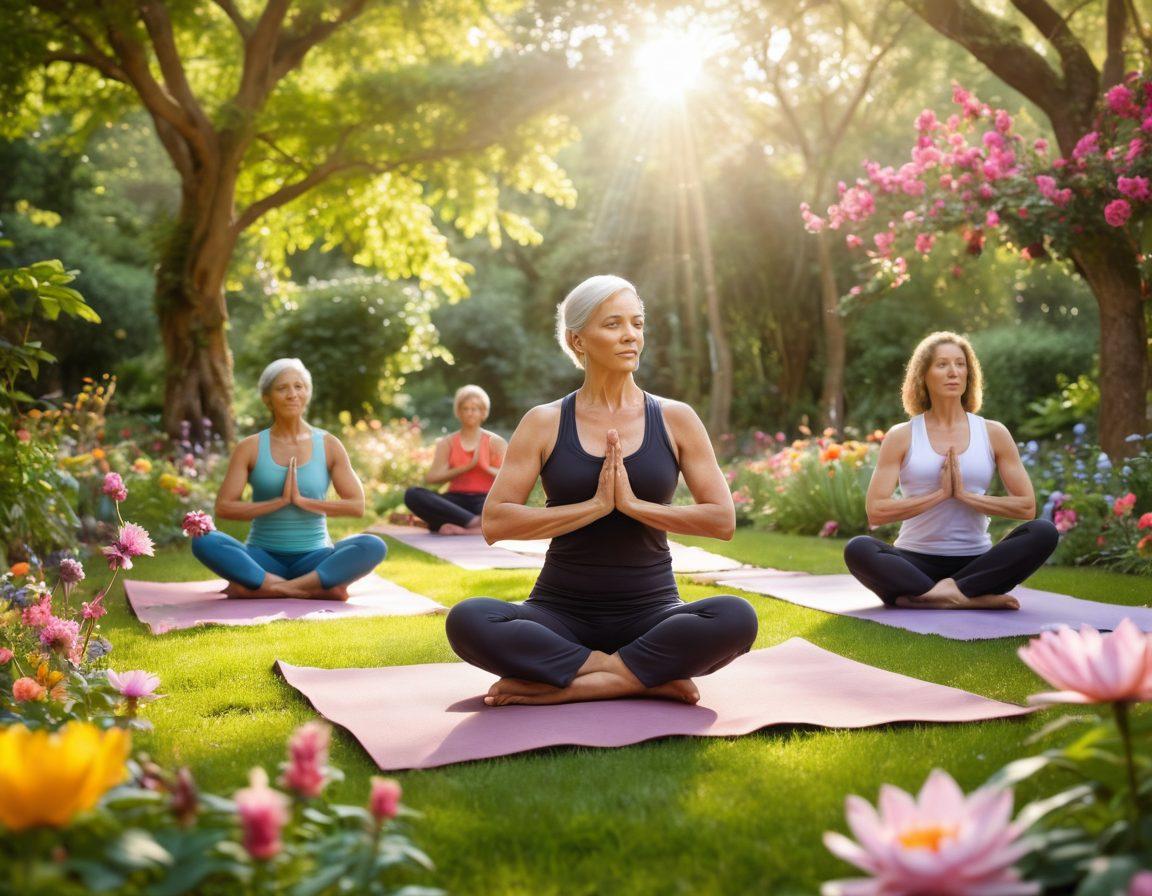 A serene garden depicting a diverse group of cancer survivors engaging in yoga, surrounded by vibrant flowers and trees symbolizing growth and healing. In the background, soft rays of sunlight filter through, illuminating a peaceful conversation between a doctor and a survivor. The composition emphasizes a sense of empowerment, wellness, and support. vibrant colors. realistic. peaceful atmosphere.