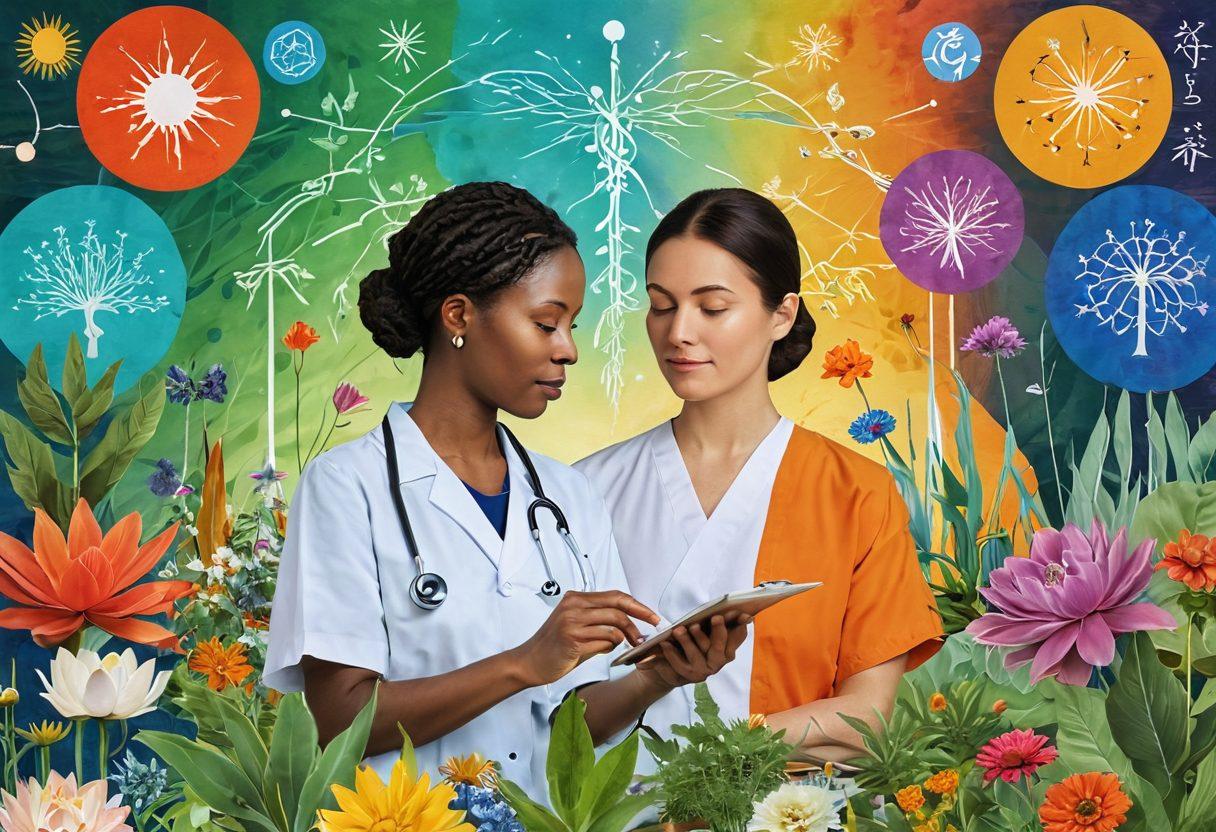 A collage depicting a patient consulting with a compassionate healthcare team, surrounded by symbols of integrative therapies like acupuncture needles, herbal medicine, and mindfulness practices. Show vibrant, uplifting colors to reflect hope and empowerment, with a backdrop of a healing garden representing nature’s role in wellness. Include abstract representations of innovative technology like molecular structures and digital health. super-realistic. vibrant colors. 3D.