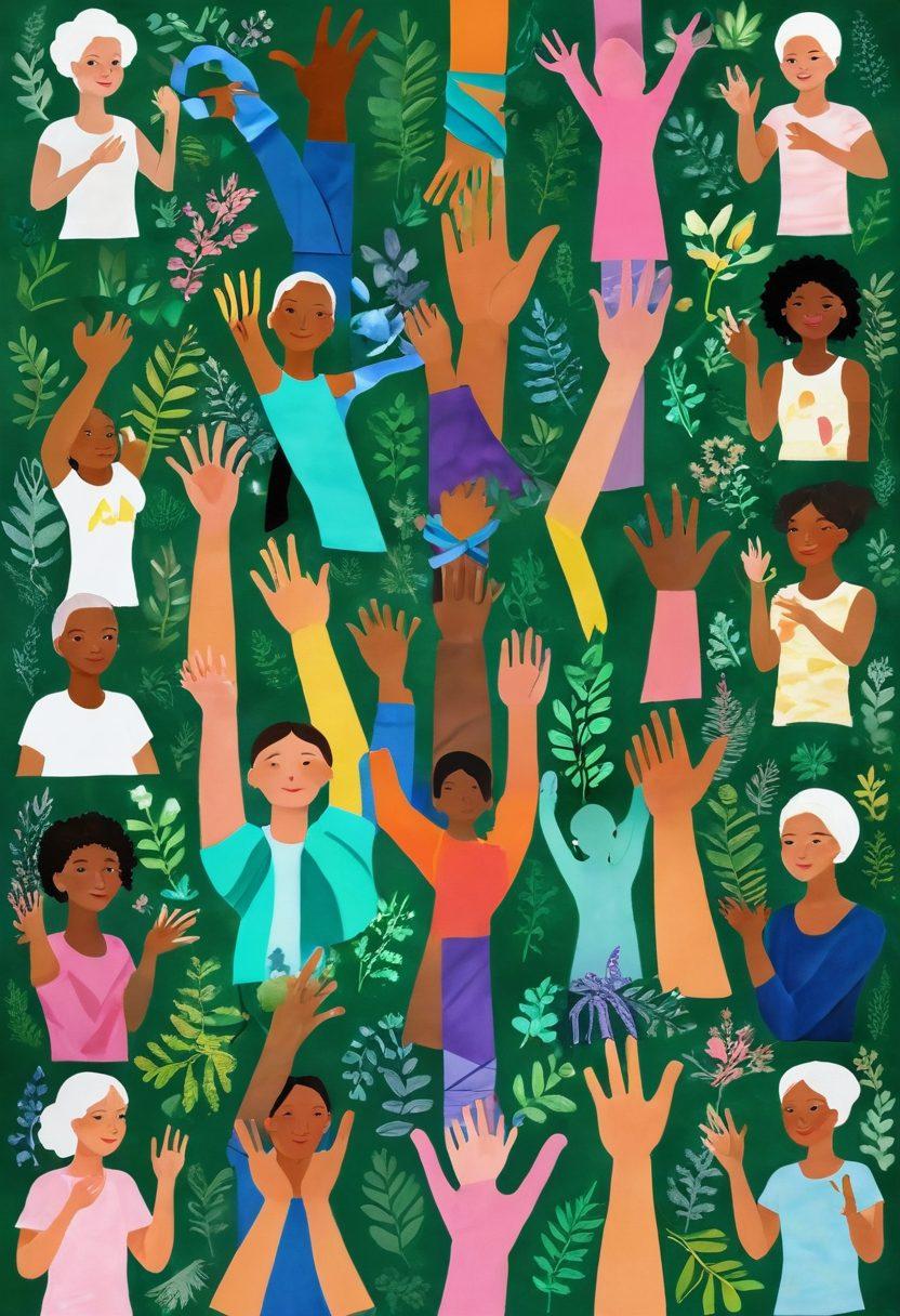 A collage of inspiring stories showcasing diverse cancer survivors, each person displaying their unique journey of triumph over illness in vibrant colors. Include symbols of support like ribbons and hands joining together, with a glowing light symbolizing hope. The background is filled with lush green nature, representing growth and renewal. super-realistic. vibrant colors. uplifting atmosphere.